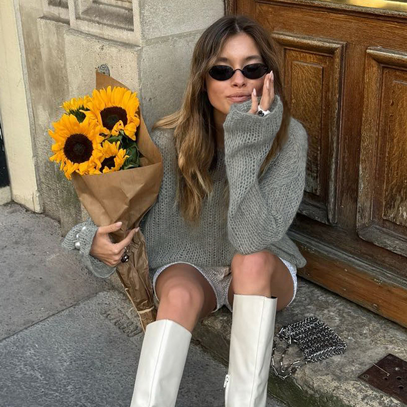 Fall women clothes Women's solid color hollowed out semi-sheer casual sweater round neck and long sleeve four seasons comfortable street loose to