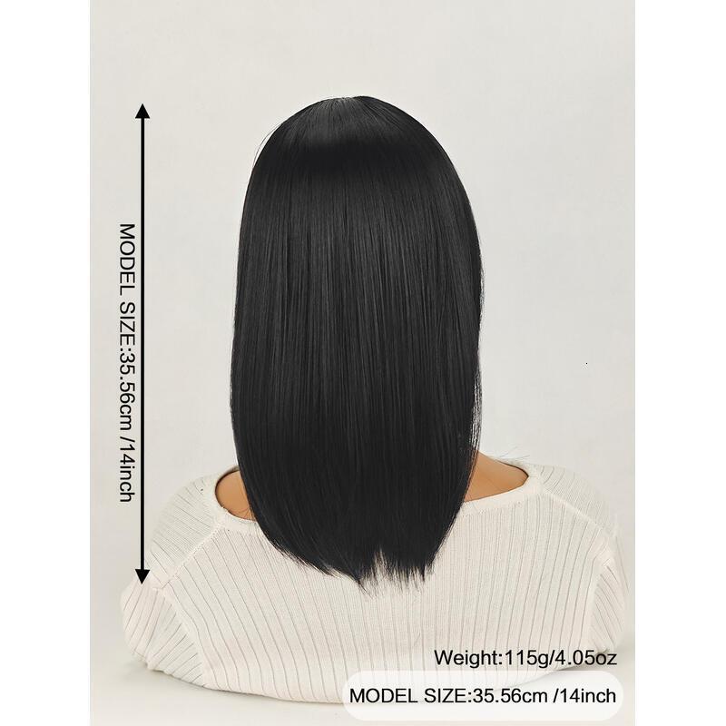 Shoulder-Length Layered With Bangs -14 Inch Peek-a-boo Color Black Mix Brown Mid-Length Wavy For Natural black Women, Heat Resistant Synthetic Hair Re