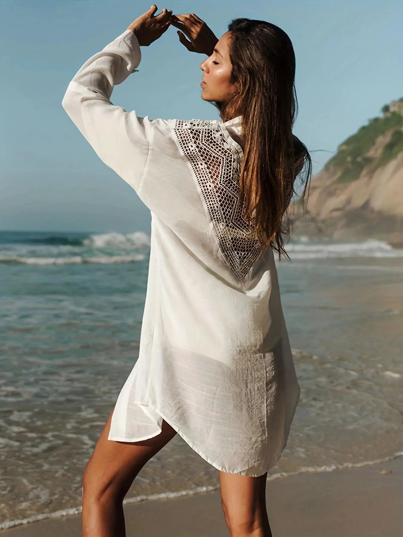 Women Bikini Cover Ups Long Sleeve Lace Hollow Out Loose Beach Dress Casual Sexy Shirt Dress Swimwear Cover-ups Female 250411