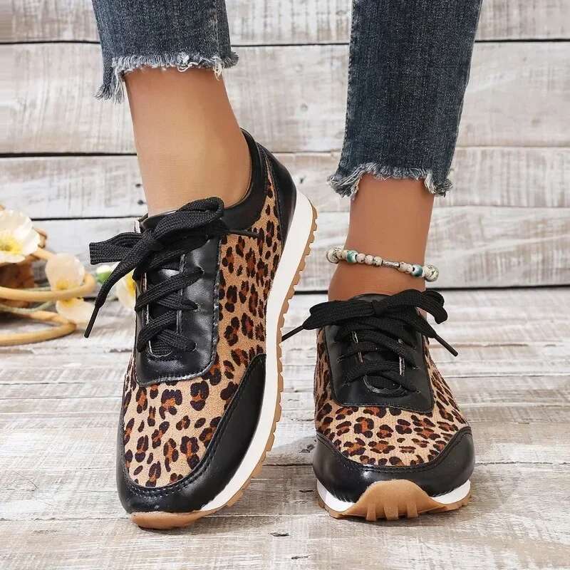 2025 summer new leopard print designer fashion sports shoes mixed color casual women's lace up vulcanized shoes