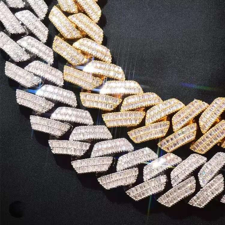 Custom 20mm Baguette Cuban Link Chain Rapper Necklace Fine Jewelry S925 Silver VVS Baguette Moissanite Cuban Chain for Men