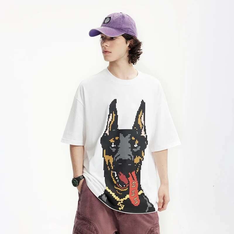 Glow-In-The-Dark Doberman Print T-Shirt American Streetwear Loose Fit 100% Cotton Short Sleeve For Men