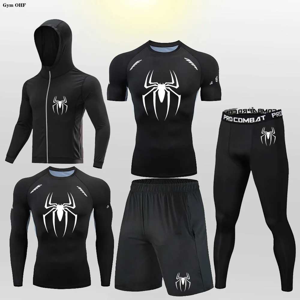 Sports suit mens Rashguard Jujutsu T-shirt pants BJJ gym boxing jersey Kickboxing Muay Thai shorts tight fitness spider print W250422