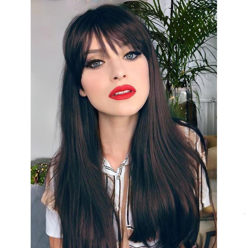 Long Medium Women,Medium Brown Wigs with Bangs Layered Shoulder Length Synthetic Wig for Daily Party (24 inch)