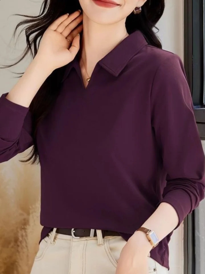 Womens fashion casual daily solid color long sleeve POLO shirt suitable for spring and autumn knitted tops. 250411