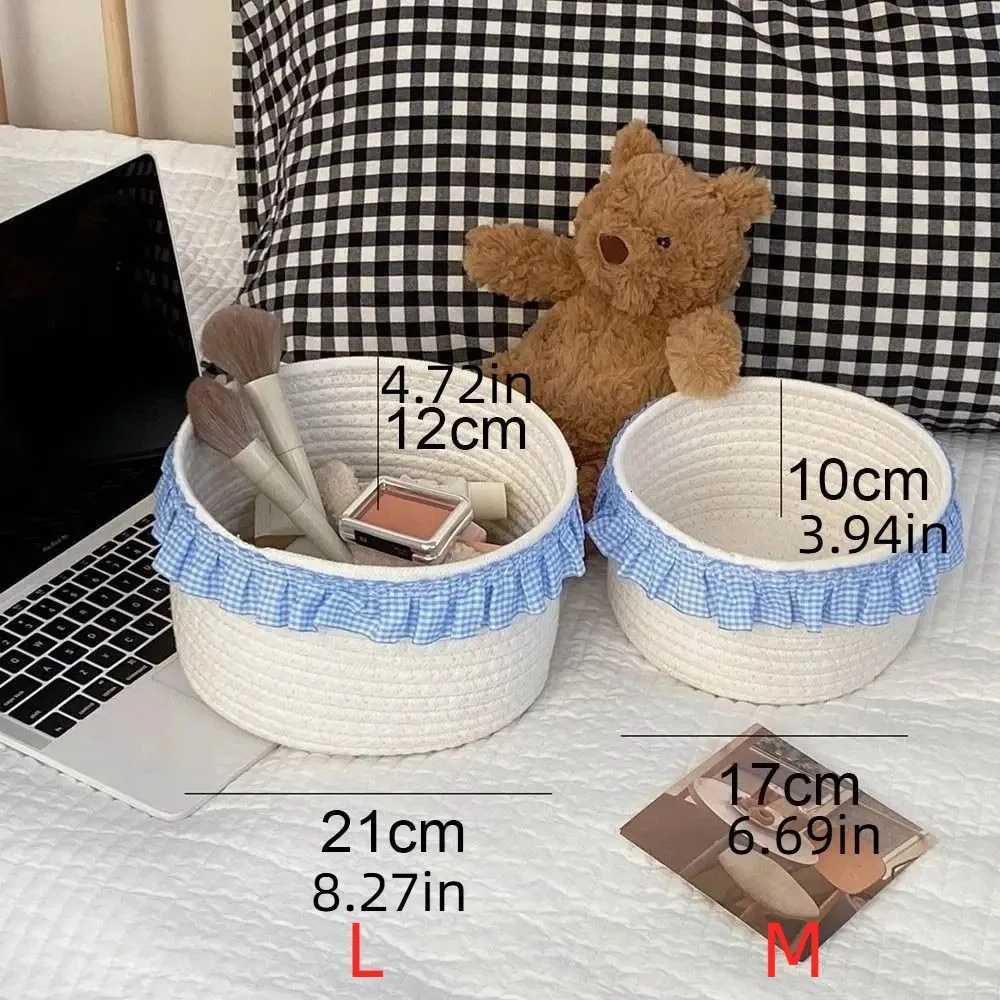 Trendy Blue Sundries Storage Baskets Hand-woven INS Lace Snacks Basket Cotton Rope Cute Storage Bins Bedro Y251112