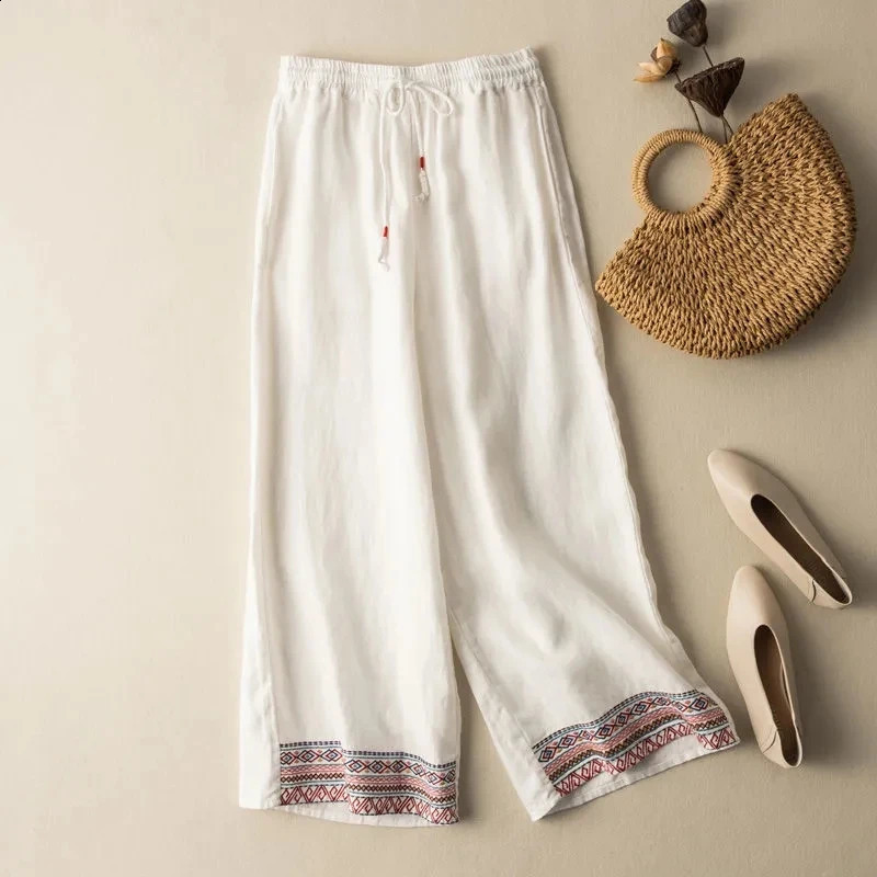 Embroidery Solid Casual Elastic High Waist Cotton Linen Womens Pants Korean Fashion Wide Leg Full-Length Pants For Women 250411