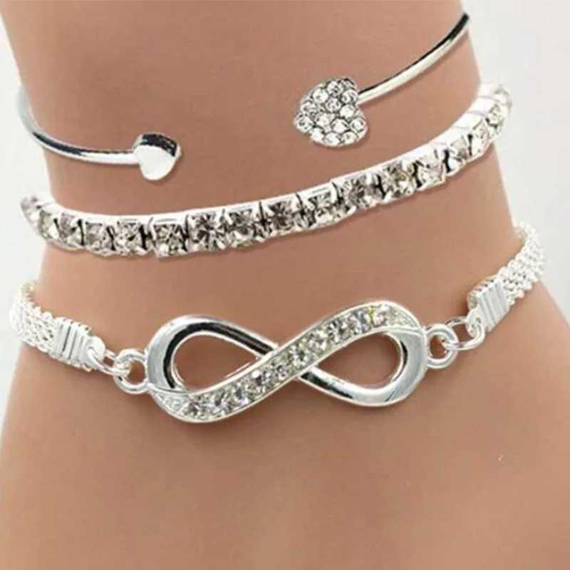 Vintage Set Silver Color Crystal Rhinestone Heart Bracelets for Women Fashion Geometric Adjustable Infinity Cuff Bangle JewelryC250411