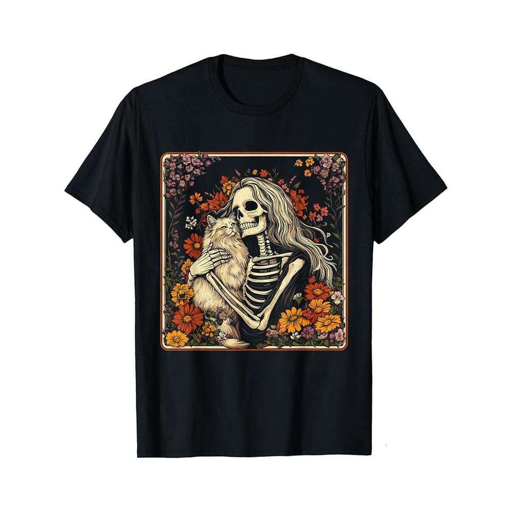 Designer T shirt Skeleton Holding A Cat Funny Skull Halloween Outfit - 220g T shits