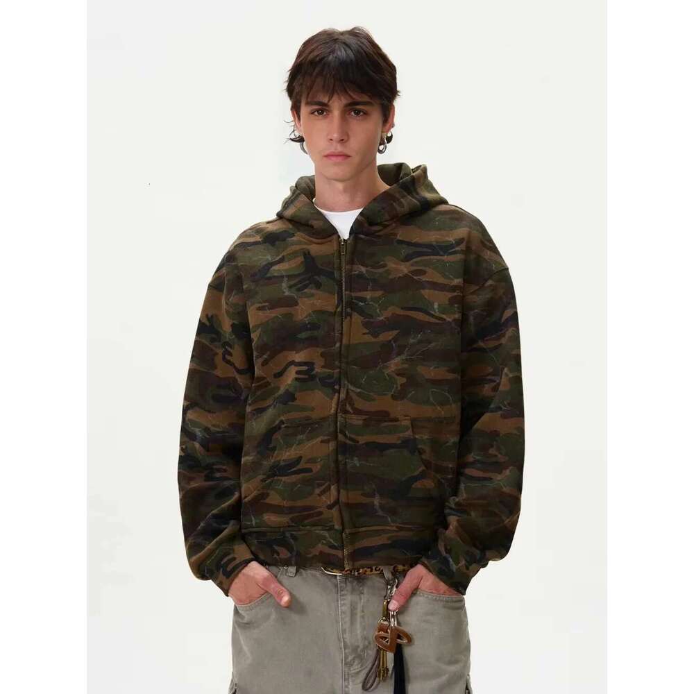 Vintage Corrugated Washed Camouflage Hooded Jacket Haruku Streetwear Zip Up Hoodies