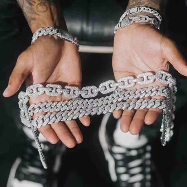 Iced Out Vvs Moissanite 2 Rows Miami Gold Cuban Chain Necklace 925 Sterling Silver Diamond Moissanite Cuban Link Chain