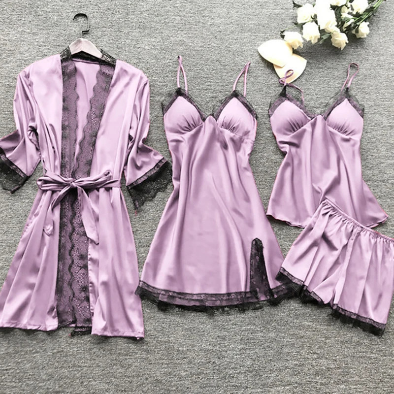 4 Pieces Womens Sexy Lace Pajamas Fashion V-Neck Gown Comfort Pajamas With Chest Pads Nightdress Casual Loungew 250409