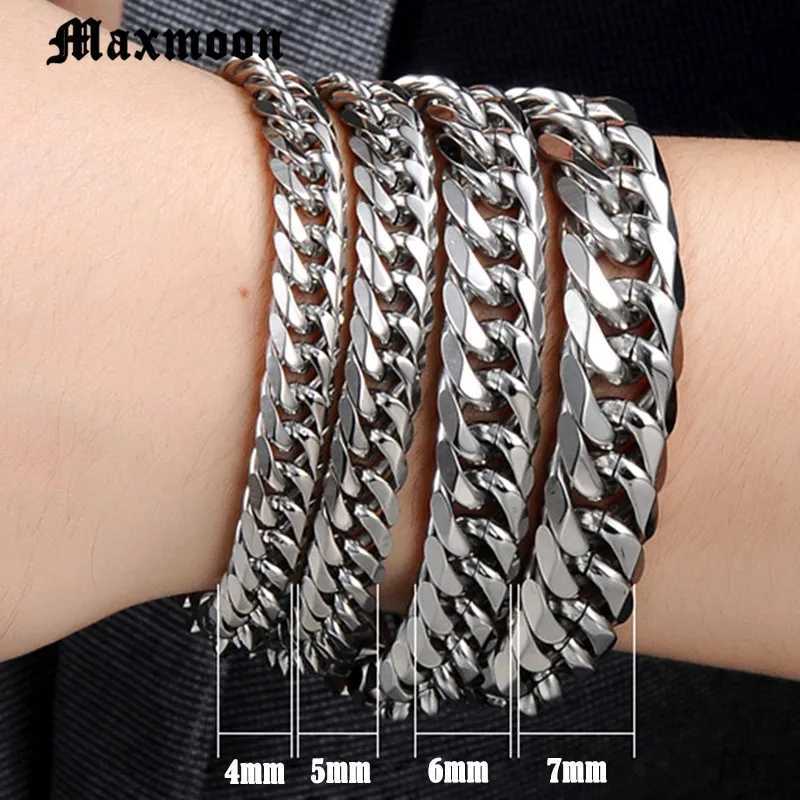 Maxmoon Miami Cuban Stainless Steel Chain Bracelets Men 7mm Flat Curb Bracelet Hip Hop Rock Sports Jewelry Customize WholesaleC250411