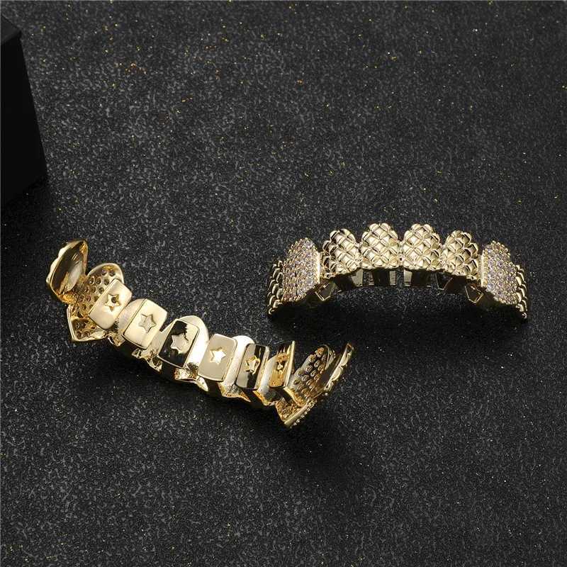 D Z New Vampire CZ Stone Teeth Grillz Top and Bottom Grill Brass Material Tooth Hat Role Playing Party Rap Singer Hip Hop Jewelry W250412