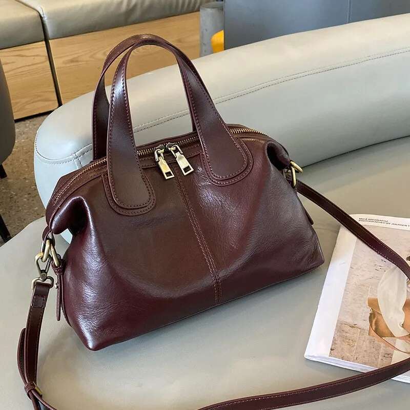 2025 New Fashion Large Capacity Genuine Leather Handbag Women's Shoulder & Crossbody Bags Retro Cowhide Tote Bag