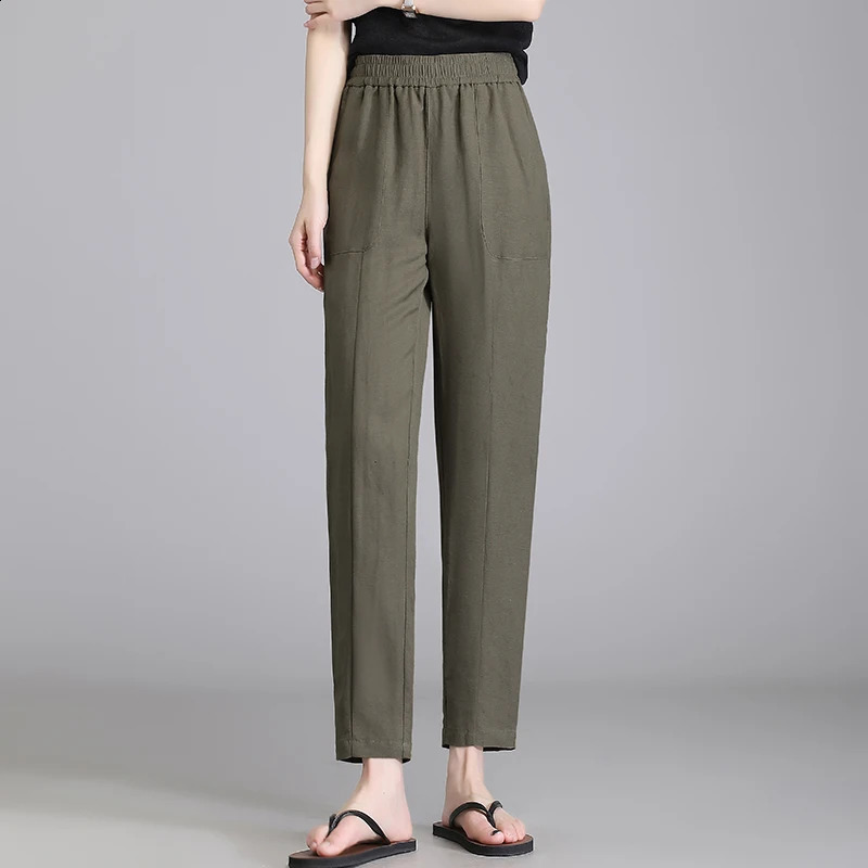 2025 Elastic Waist Linen Lanterns Loose 9-point Casual Pants Harun Pants Spring Summer Cotton Linen Womens Fat MM S-4XL 250411