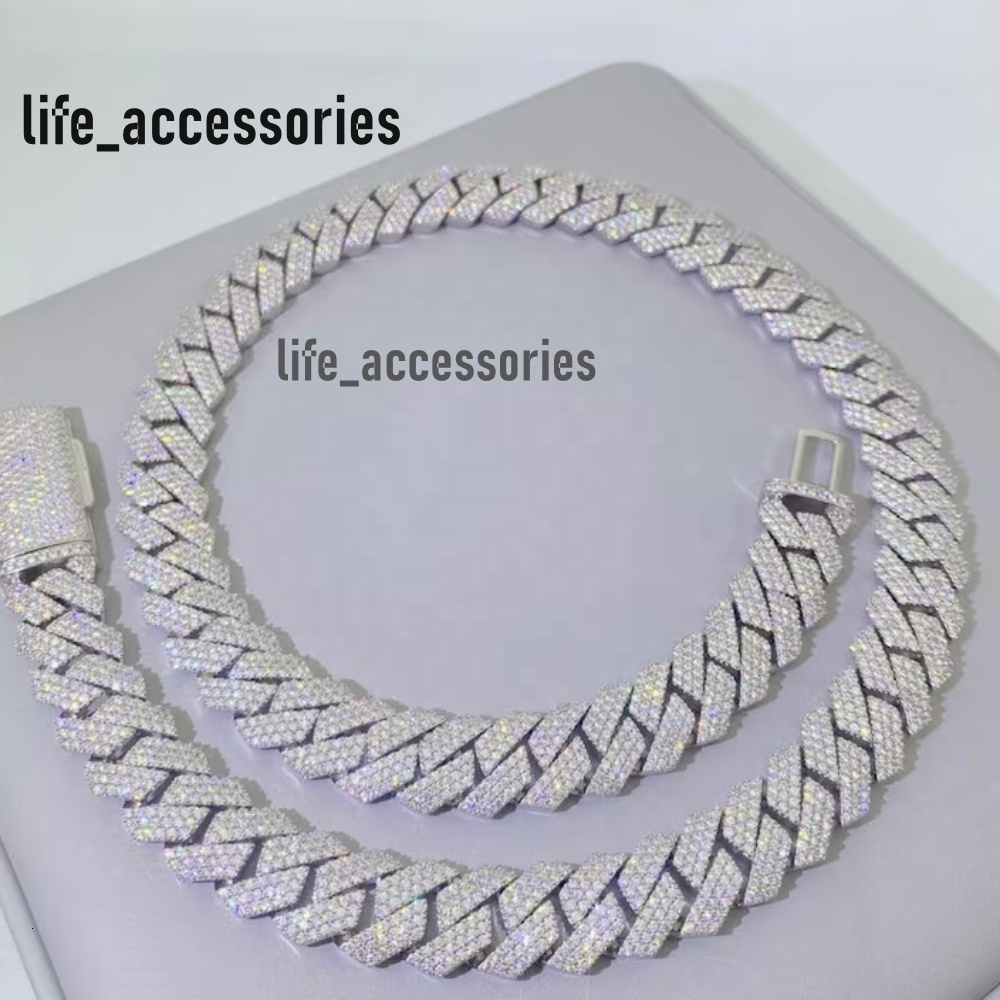 15mm 3 Row Moissanite Cuban Chain Hiphop Iced Out 925 Sterling Silver Moissanite Cuban Link Chain