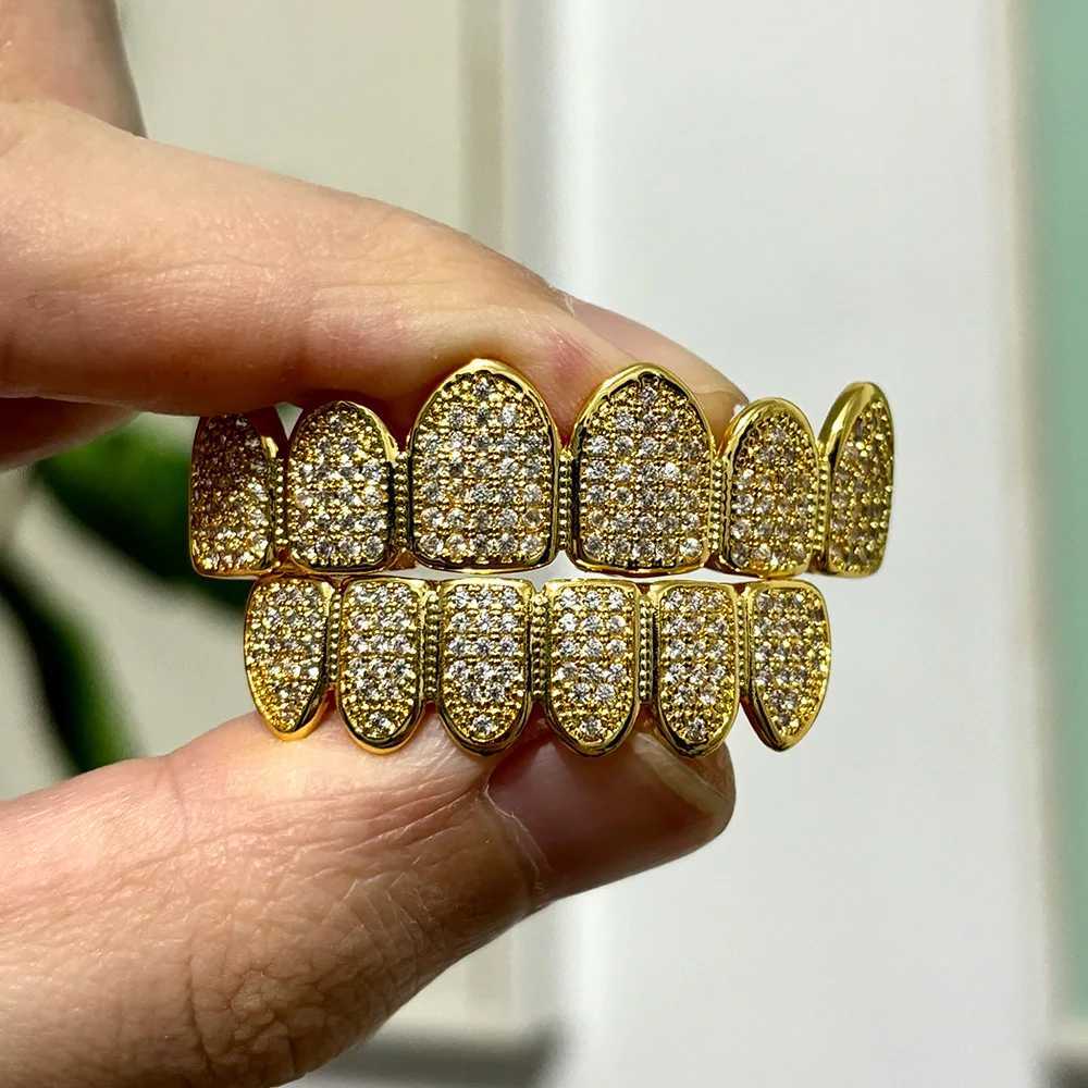 RACHELZ Trend 6/6 Ice Out CZ Stone Teeth Grille Hip Hop Cube Zircon Hat Decoration Womens Jewelry Gifts Dental Grille W250412