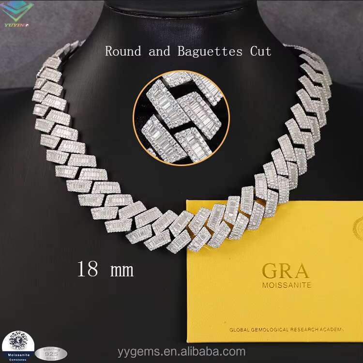 Baguette Diamond 20mm 18k Gold Plated Silver Cuban Chain Necklace Vvs Moissanite baguette Cuban Link Chain