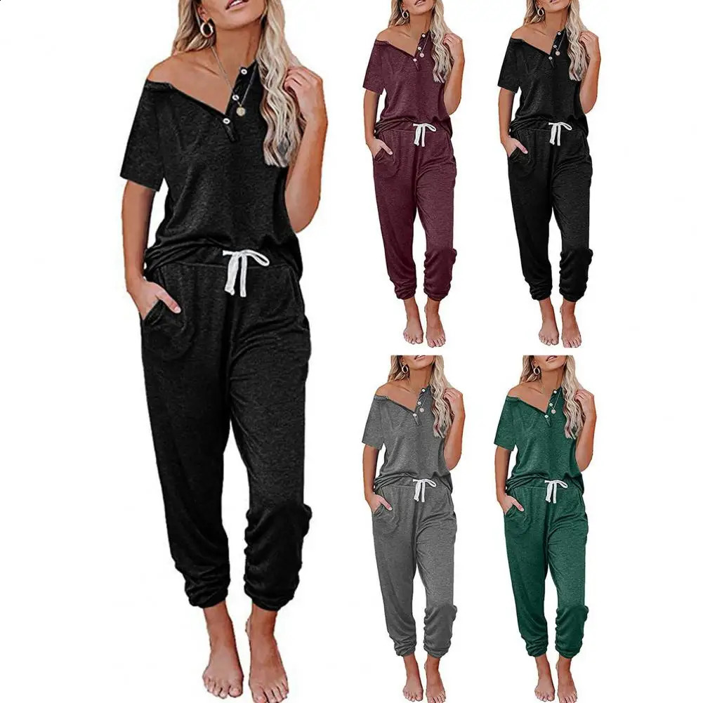 2 Pcs/Set Women Summer Tracksuit Buttons Short Sleeves Loose Elastic Waist Drawstring Sports Pullover Pockets V Neck T-shirt Tro 250411