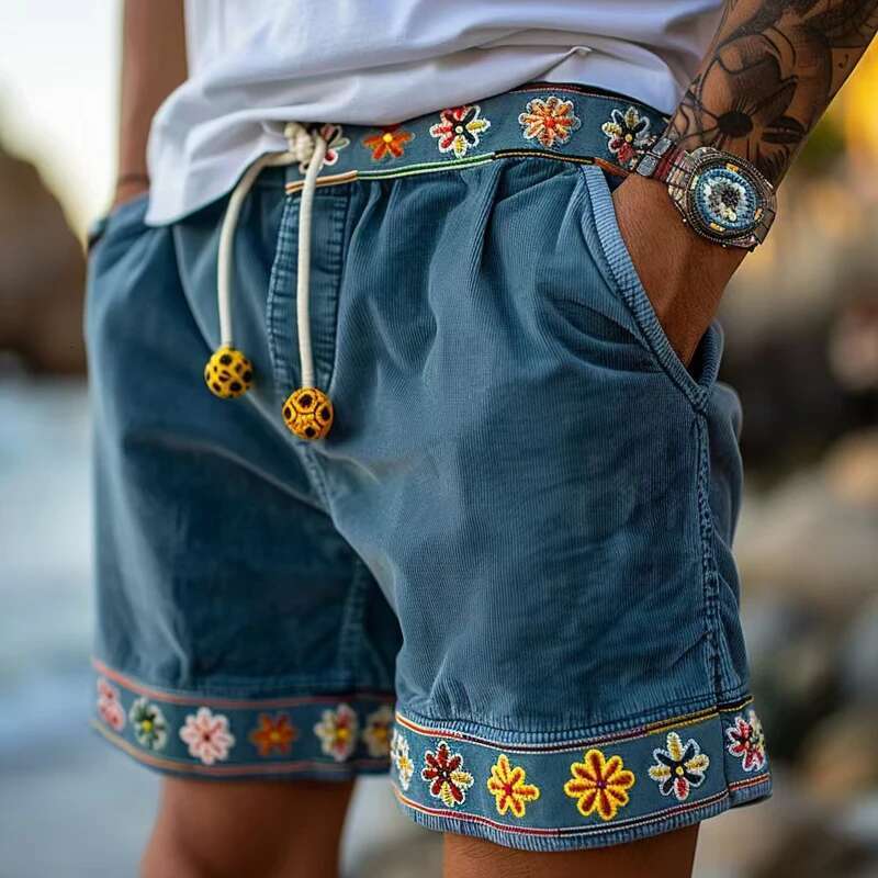 Casual Loose Patchwork Mens Cotton Summer Daily Leisure Breathable Drawstring For Men Beach Vintage rals Shorts