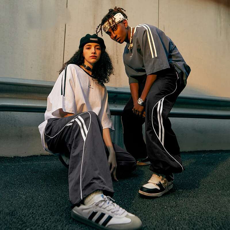 Striped Side Wide Leg Trousers Men Drawstring Waist Sportswear Track Pants