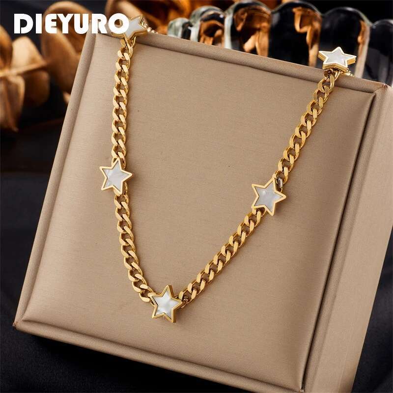 DIEYURO 316L Stainless Steel Pentagram Star Pendant Necklace For Women New Trend Girls Thick Chain Choker Jewelry Birthday Gifts