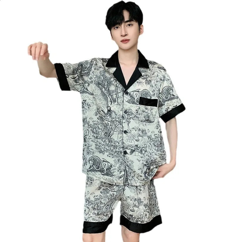 High quality fashion ink pajama set for men ice silk thin summer short sleeved satin home clothing loose pajama set for men 250411