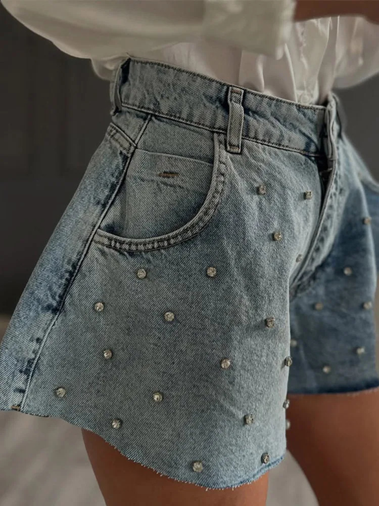 Women Diamonds Wide Leg Denim Shorts Vintage High Waist Short Jeans 2025 Summer Street Slim Basic Short Pants Trousers 250411