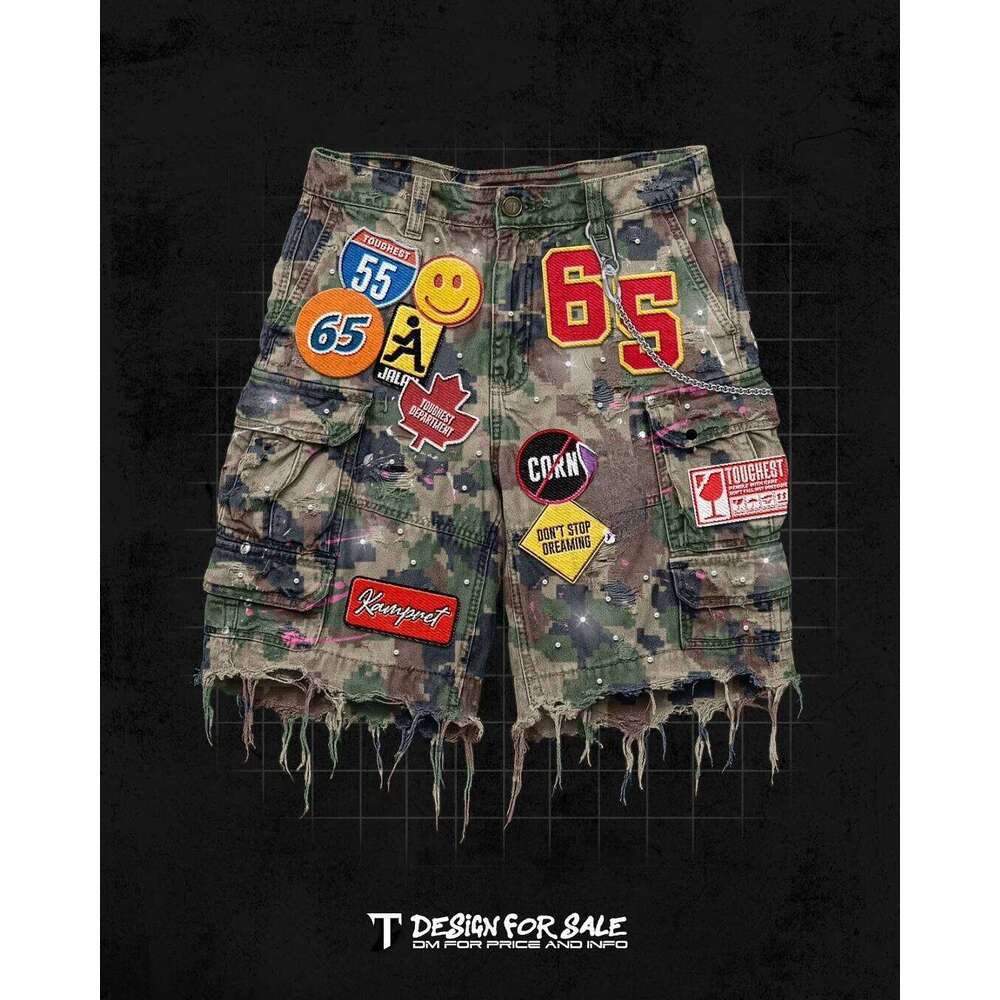 Vintage Camo Embroidery Patch Short Y2k Jeans Men Women Hip Hop Cartoon Graphics Streetwear Loose Denim Casual Shorts