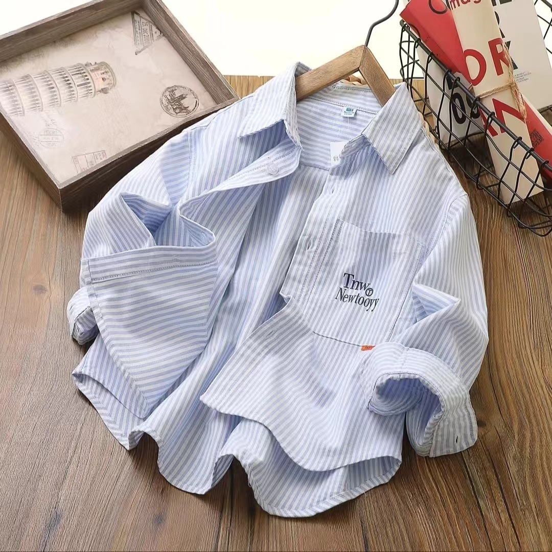 Ddmyshoesvip Boys Cotton Spring Autumn New Style Handsome Striped Korean Version Medium And Large Children S Outer Long Sleeved Shirt