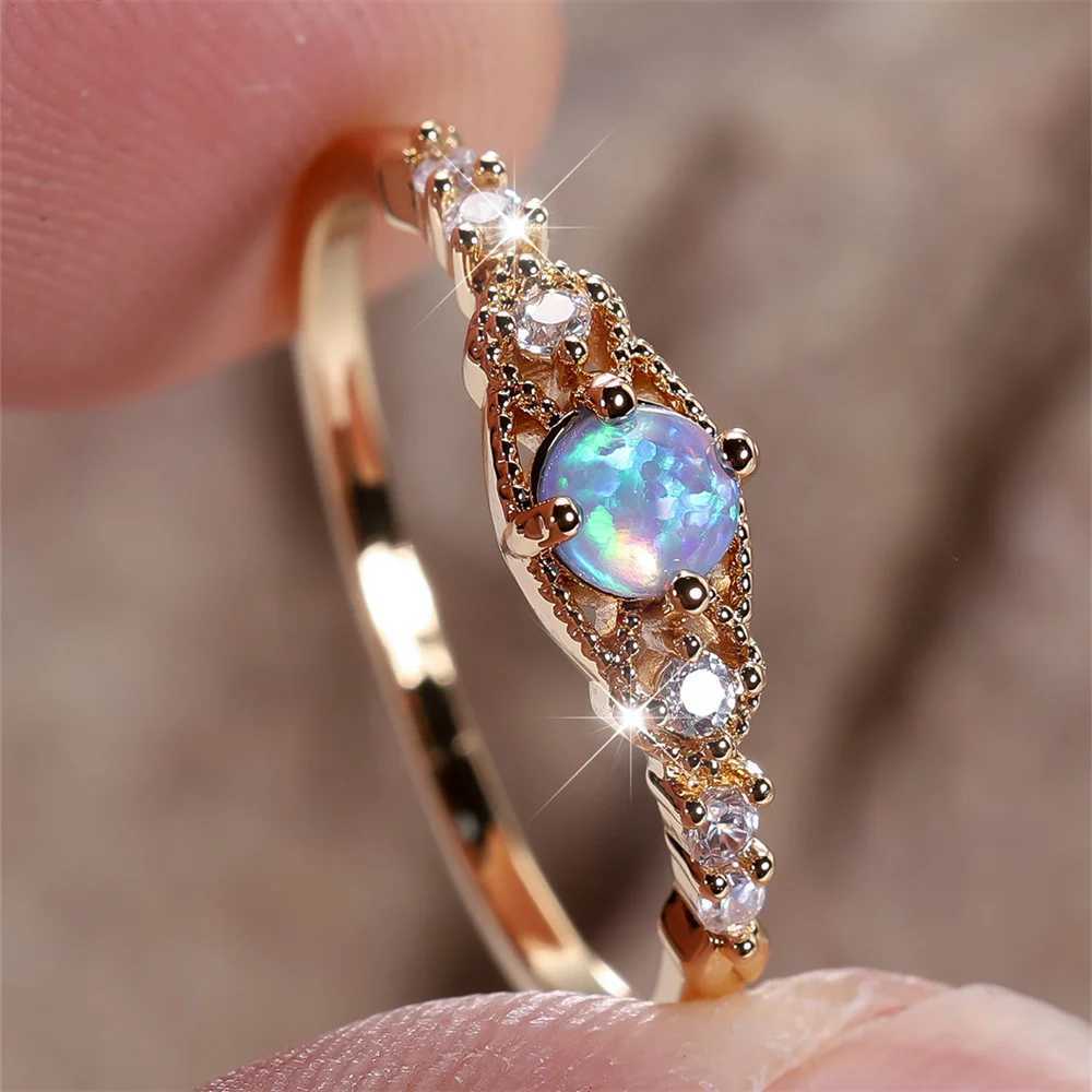 Blue Opal Small Round Stone Female Engagement Ring Vintage Gold White Zircon Wedding Ring Birthday Stone Jewelry GiftXJ250412