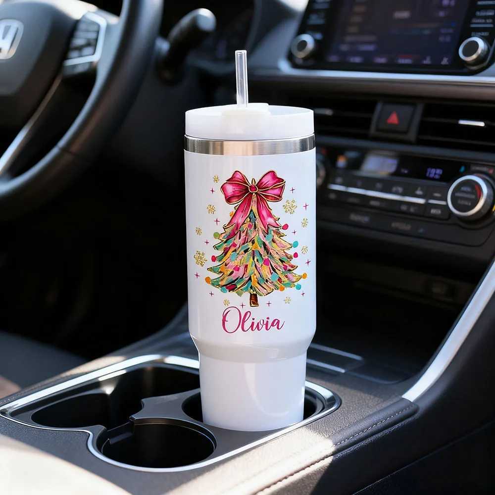 Christmas Christmas Insulated Tumbler Custom Name Faux Glitter Christmas Tree And Bow Trendy Coquette Tumbler Ideal Holiday Gift Y251112