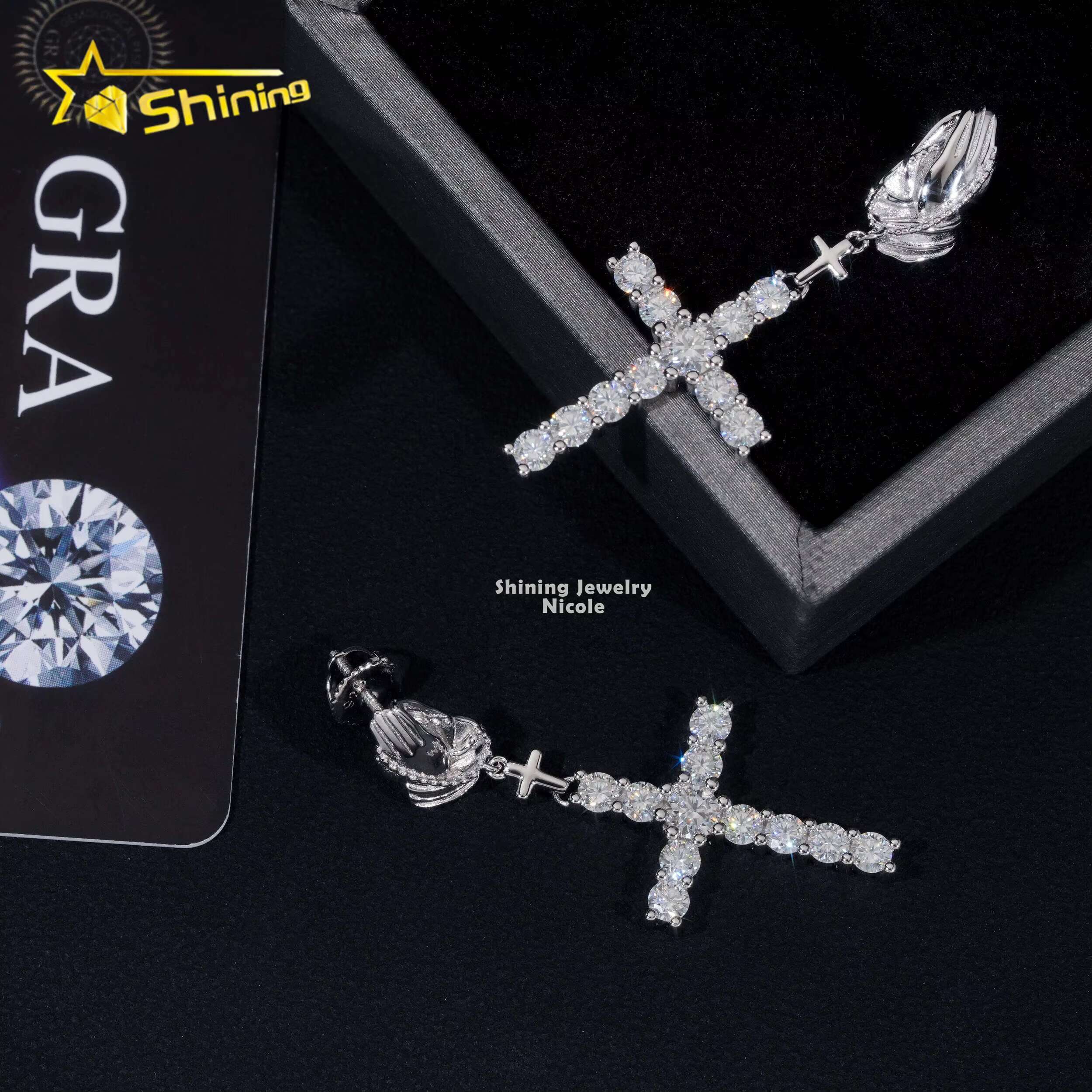 New Arrivals Hip Hop Style Cross Charms Iced Out 925 Sterling Silver Hoop Moissanite Diamond Drop Earrings