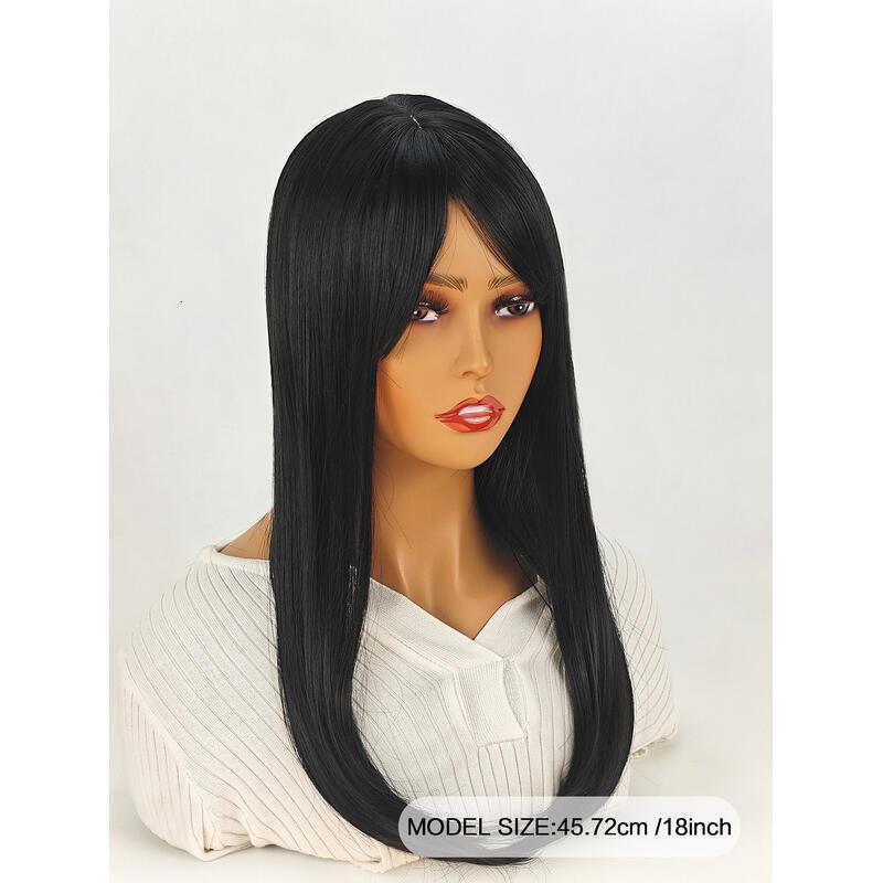 18inch Natural black With Bangs Long Wavy Curly Glueless Fringe Unit Heat Resistant Synthetic Middle Part Full hine Made No Lace Scalp Costume Cosplay