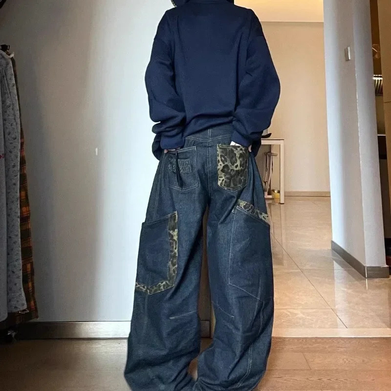 Deeptown Y2K vintage womens jeans large pocket curved knife leopard wide leg denim cargo pants Harajuku bagged autumn mens clothing 250410