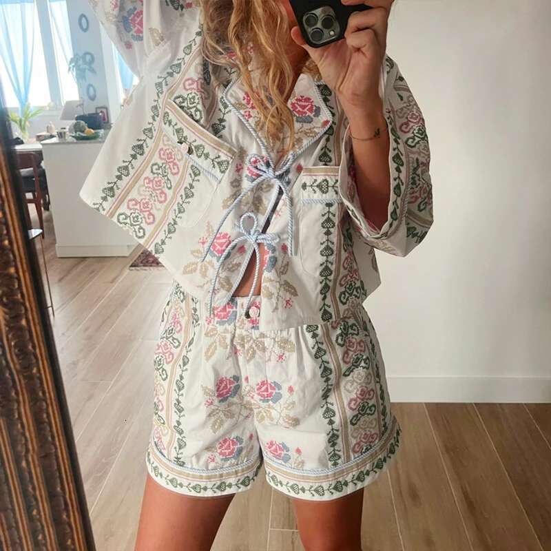 2 Piece Vintage Oufits Indie Graphic Print Front Tie Up Bowknot Full Sleeve Blouse T-Shirt + Shorts Fairy Cottage Y2k Streetwear