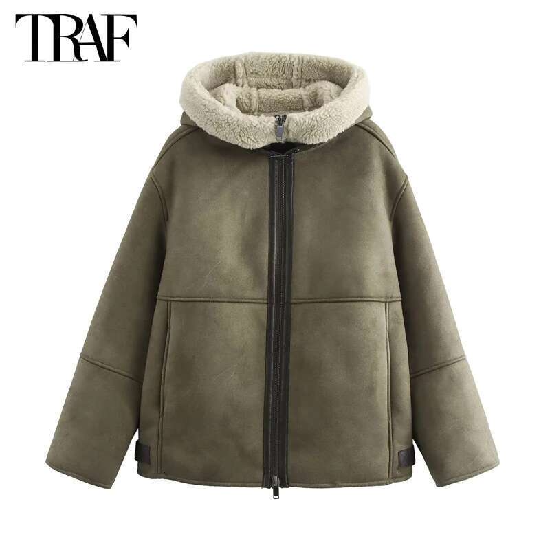 Designer Clothes TRAF Double Face Hooded Jackets For Zip Padded Plush Women Outerwears Winter Coat Female Long Sleeve Women's Jacket