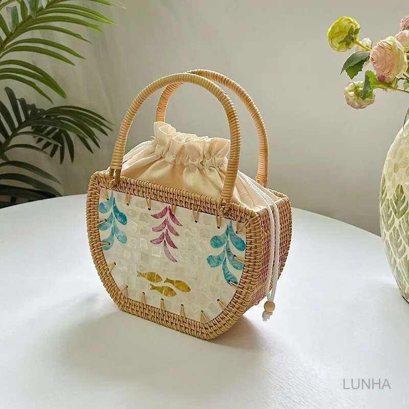 Vintage Handmade Woven Rattan Shell Tote Bag For Women Beach Summer Style Casual Handbag Top Handle Basket Purse