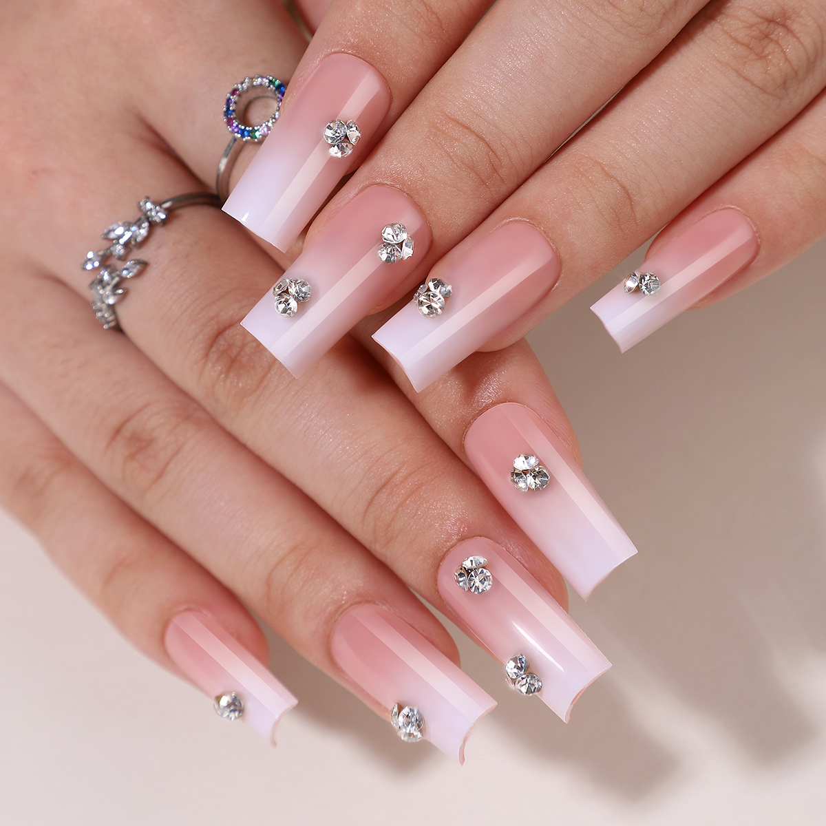Gradient White Acrylic Press-On Nails - Set of 32 Long Coffin Shaped Nail Strips with Sparkling Diamonds