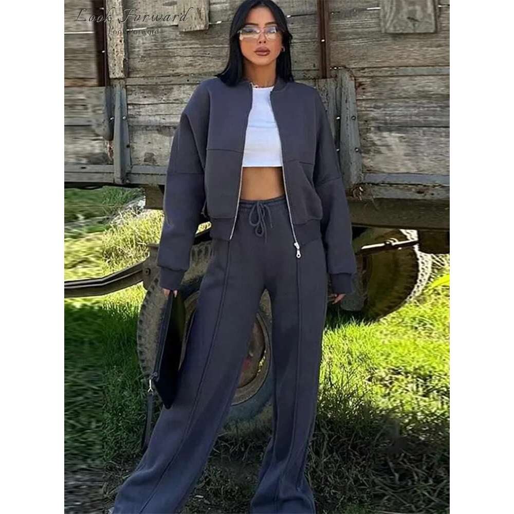 Designer Clothes Casual Sweatshirt Pants Set Women Spring Autumn Zippers O-Neck Jacket Loose Lace-Up Elastic Waist Trousers Suits Lady Solid