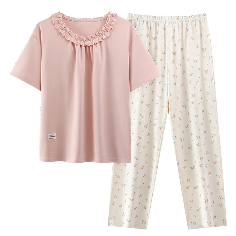 100% COTTON M-4XL Plus Size Summer Women Pajamas Anti-bacterial HQ Short Sleeves Long Bottoms Sleepwear Leisure Pjs 250411