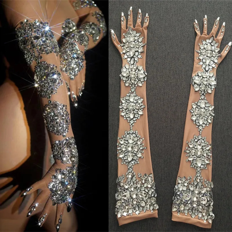 Nude Mesh Bling Rhinestones Wedding Gloves Crystal Transparent Long Mittens Female Singer Performance Stage Accessories 250408