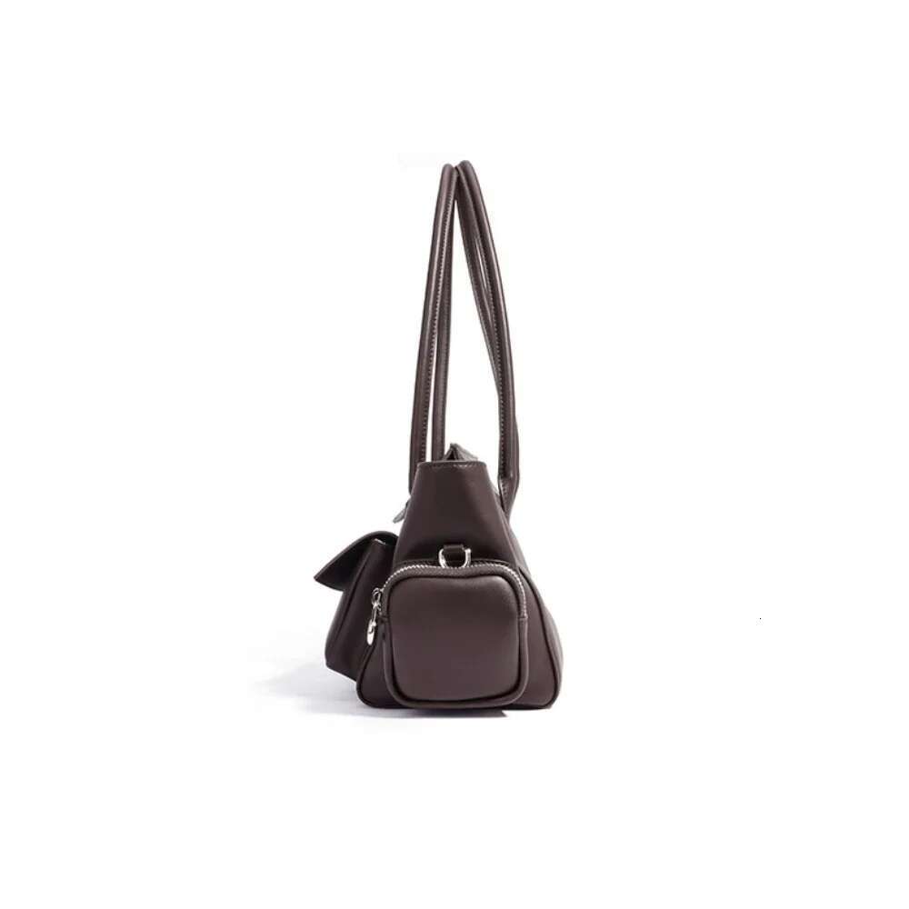 Motorcycle Style Multiple Pockets Design Large Tote Glossy Split Cow Leather Women Handbag Vintage Shoulder Bag Long Handle
