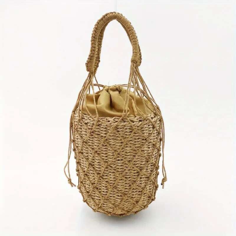 1Pc Hand-Woven Handbag - Straw Twine Net Bucket Summer Beach Bag Multi-Functional Large Capacity