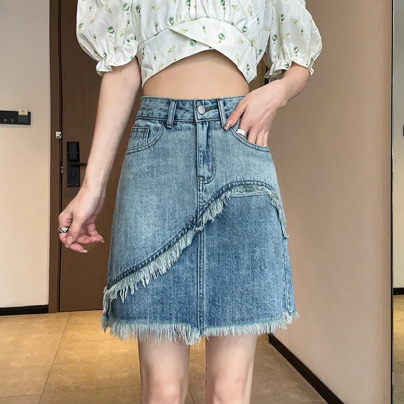 Womens Summer Fashion Rough Selvedge Denim A-line Hip Wrap Skirt. Casual Vintage y High-waisted Denim Half Body Skirt 250407
