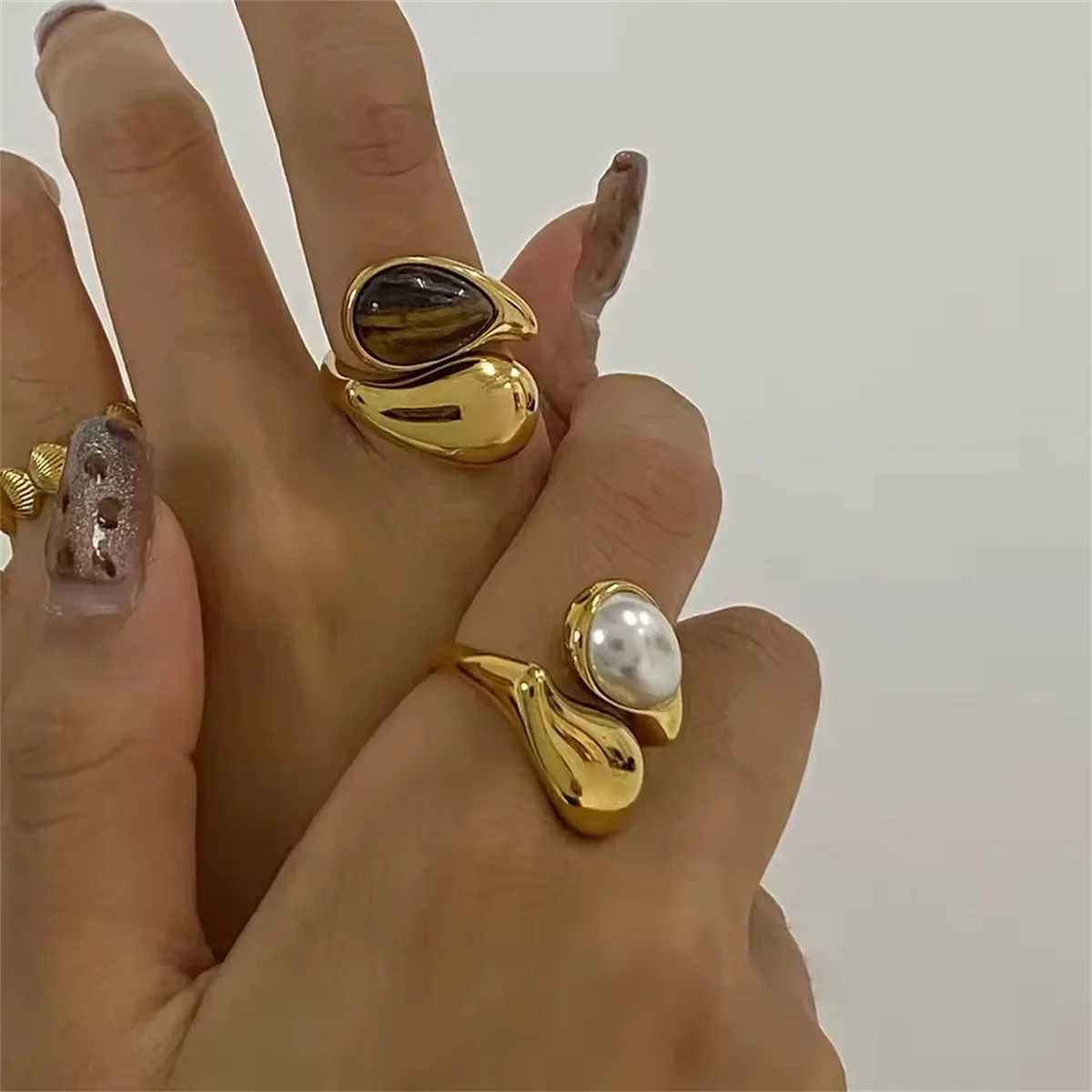 Yori popular stainless steel pearl natural tiger stone finger ring 18K gold galvanized popular sweet jewelry engagementXJ250412