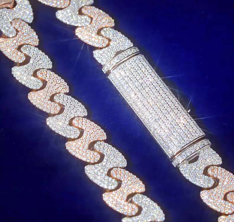 Pass Diamond Tester VVS Moissanite 11MM Wide Two Tones Gold Plated Sterling Silver Cuban Link Chain