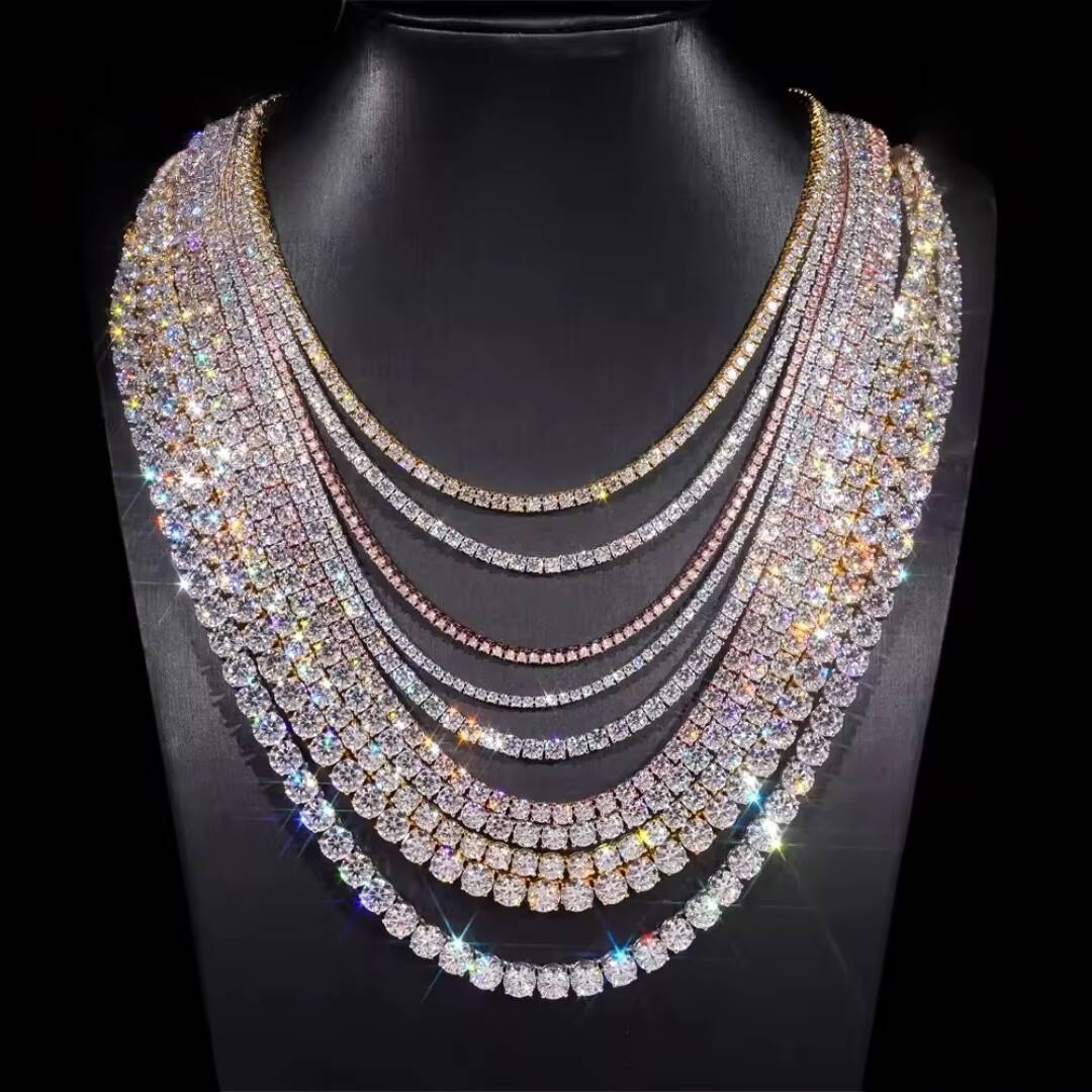 Wholesale Factory Price Iced Out 2mm 3mm 4mm 5mm 65mm 925 Sterling Silver Lab Diamond VVS Moissanite Tennis Necklace Chain