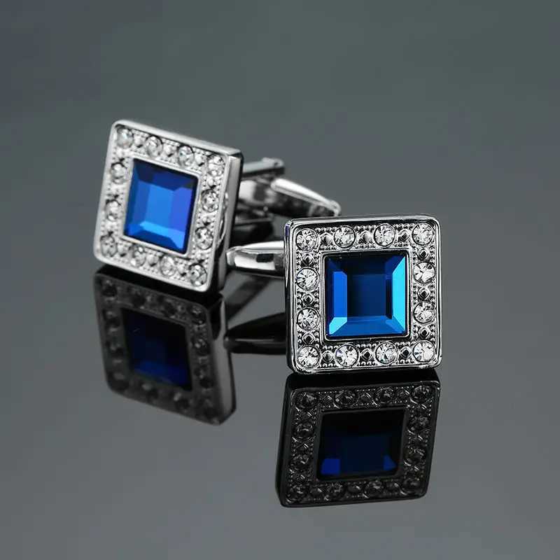 DY New High end Fashion Mens Shirt Cufflinks Luxury Design Silvery Round Blue Crystal CufflinksT250412